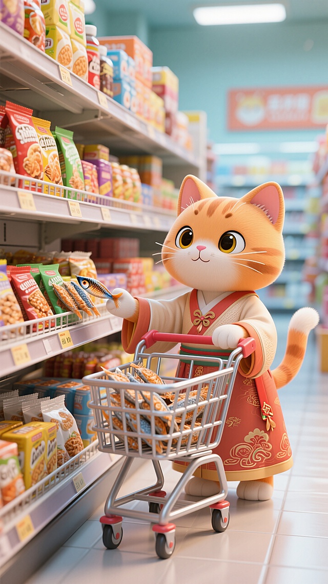 百货超市，头身比1:1的小橘猫，穿着汉服，推着购物车在买小鱼干，眼睛闪亮四处张望，货架上摆满商品