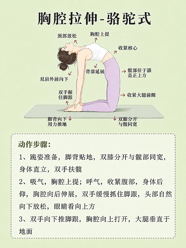 将背景改为淡绿色，人物服装统一为白色运动背心+浅紫色瑜伽裤，人物发型脸型与第一张图一致（丸子头、同款女性形象），保留原图所有文字内容、标注箭头、动作步骤文字和排版布局，瑜伽垫颜色调整为浅灰绿色，整体风格为清新手绘插画风格，画面干净整洁