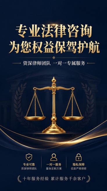 [第1屏] 法律咨询服务价值头图。核心宣传专业法律咨询服务，本屏使用【图1】提取的深蓝+金色配色风格。[氛围/风格] 专业沉稳商务风，深蓝色背景搭配金色元素，突出专业可信的法律咨询服务氛围，高清商业设预览效果