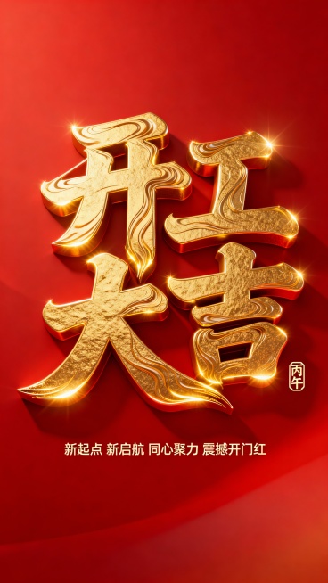3D风格海报。海报中央是巨大的黄金立体书法文字“开工大吉”，表面有流动光泽和细腻纹理，边缘闪耀着金色辉光。下方小字：“新起点 新启航 同心聚力 震撼开门红”，搭配传统印章样式的 “丙午” 标识。正面平预览效果
