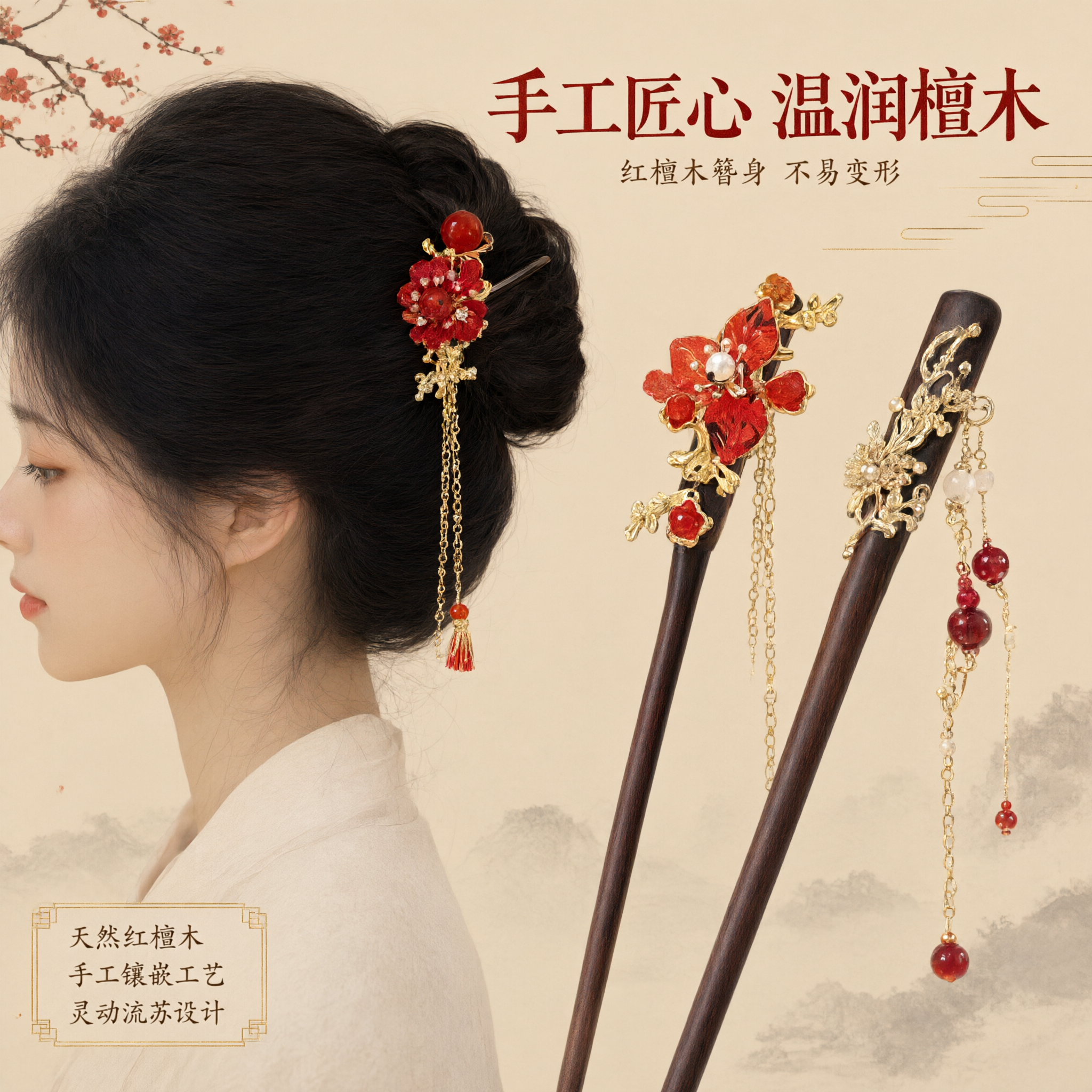 [主图-2] 核心亮点，展示发簪的材质工艺与佩戴效果，突出红檀… - 图片创意预览