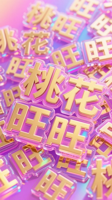粉紫渐变镭射背景，大量 “桃花旺旺” 文字以金色立体粗体呈现，带透明渐变外框。文字密集交错、无规则叠放，部分文字带镭射反光效果，整体色彩绚烂，充满潮流富贵感，视觉冲击力强预览效果