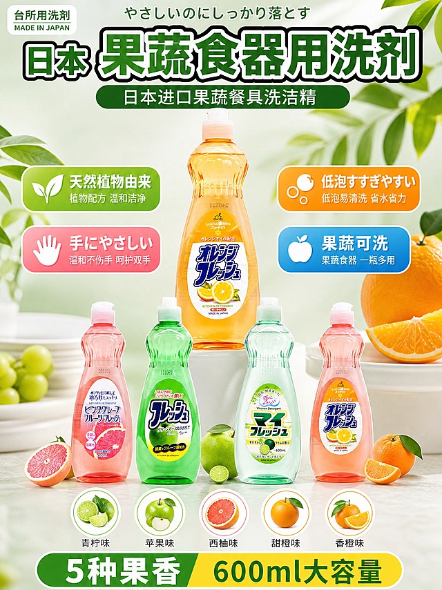 [主图-1 3:4竖版] 主题：日本进口果蔬餐具洗洁精 首图吸睛，突出5种香型囤货装与天然洁净力。
[统一基调] 中日文混合爆款主图风格，明亮通透洁净感，绿色系主色调搭配白色与橙粉点缀，粗黑体大标题+日文小字装饰，圆角胶囊卖点框，图标+文字组合，整体饱满有冲击力但不杂乱，淘宝天猫专业品质感，竖版3:4构图。
[画面] 画面上半部分中央为一瓶甜橙味洗洁精大瓶正面展示，占画面约35%，瓶身透明橙黄色液体质感清透，标签完整不拉伸不变形；大瓶下方错落摆放西柚味、苹果味、青柠味、香橙味四瓶小一些的洗洁精，形成5种香型阵列，全部保持原产品外观比例。背景为浅绿到白色渐变，底部有柔和台面阴影。左上角放日文小标「台所用洗剤 MADE IN JAPAN」，顶部大标题中日文混合「日本 果蔬食器用洗剤」。画面中部配四个圆角胶囊卖点竖排两列：「天然植物由来」「低泡すすぎやすい」「手にやさしい」「果蔬可洗」。底部放5个小圆形水果图标横排对应5种口味：青柠/苹果/西柚/甜橙/香橙，每个图标下标注口味名。最底部横条标注「5种果香 600ml大容量」。
[光影质感] 商业摄影棚拍质感，主光从上方打来，瓶身有自然高光和通透感，底部有柔和接触阴影，整体明亮干净。
[配色] 主背景浅绿渐变，标题深绿粗黑边白字，卖点胶囊分别用绿/橙/粉/蓝底色白字，整体清新洁净。
[文字版式] 顶部大标题最大最粗，日文小字在上，中文大字在下；卖点胶囊两列排列，图标+文字组合；底部口味图标+信息条居中。所有文字清晰可读，不遮挡产品主体关键部位。
[输出要求] 3:4竖版，2K高清，产品外观颜色比例与输入图完全一致，不拉伸不重绘瓶身，文字清晰无错字，画面干净无水印无平台logo，禁止产品变形、模糊、悬浮。