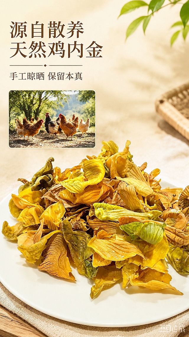 [第2屏] 原料介绍-鸡内金天然原料展示。本屏使用【图5】作为商品主体，【图2】散养鸡场景辅助说明。
[氛围/风格] 自然真实原生态风格，浅暖调背景，真实摄影质感。
[元素布局] 盘中鸡内金干占据画面中偏下位置，占比约65%-70%；上方预留标题区域；左上角小图插入散养鸡实景图说明原料来源；保留鸡内金纹理、颜色、质感与输入产品图一致。
[光影质感] 中心柔光打亮，边缘自然过渡，纹理清晰，阴影柔和自然。
[配色色系] 全局底色 #F8F5E6；主色原料自然黄褐、青绿；辅助色米白背景、深棕标题，浅绿点缀。
[视角构图] 俯视正面，产品主体突出，阅读动线从上至下，从标题到主体原料再到小图说明。
[文字版式] 版式为顶部标题 + 中部主体 + 左下角小图。主标题「源自散养 天然鸡内金」，副标题「手工晾晒 保留本真」，两行温润宋体左对齐；文字不遮挡主体原料。
[比例分辨率] 9:16 竖版比例，4K分辨率，文字清晰可辨，高清画质。
[负向提示词] 原料变形，缺件错件，颜色偏差，水印，文字错乱，产品图模糊，背景杂乱