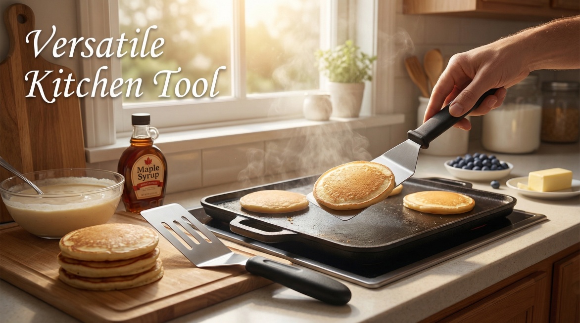 以图中的2 件装小铲子为元素,可用于盛放和翻动食物，非常适合煎饼、甜点、饼干、鸡蛋等,物体主体特征不变,设计6张跟2 件装小铲子有关的广告图，英语,比例 「16:9」预览效果