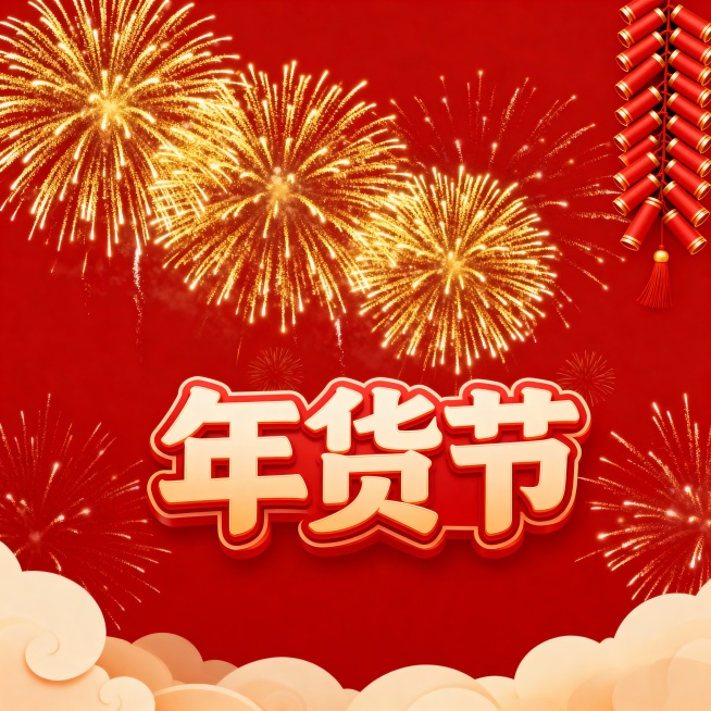 帮我生成两张以年货节为主的素材，主要氛围以烟花、鞭炮，底色为红色，比例1：1预览效果