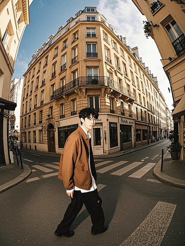 一个男青年，走在巴黎的街道上，黑色短发，年轻有活力，鱼眼镜头
