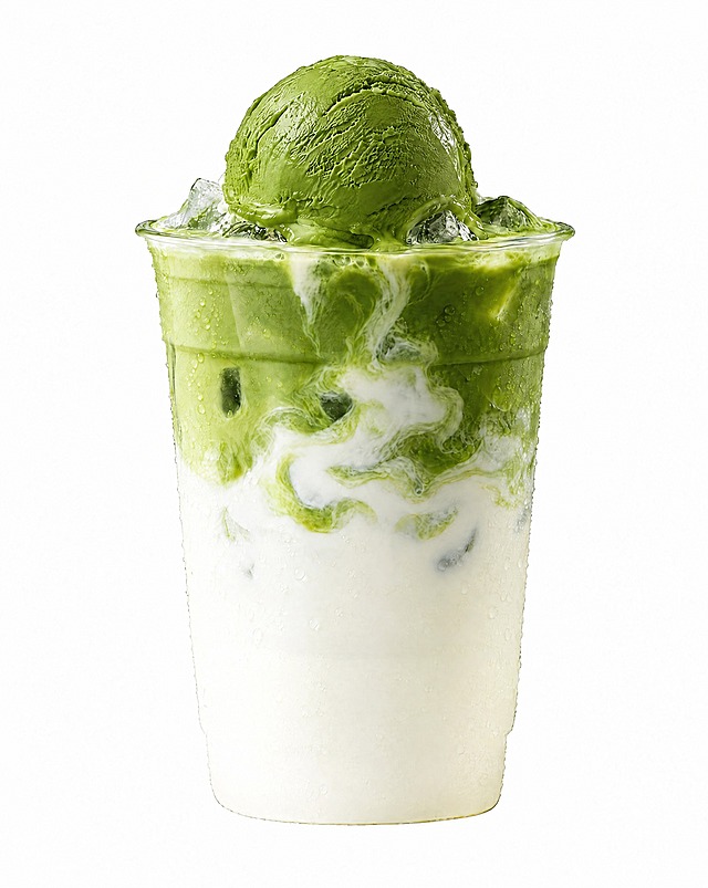 将顶部的这球意式冰淇淋调整为抹茶绿色，冰淇淋呈现浓郁均匀的抹茶绿色调，保留冰淇淋绵密细腻的质地纹理和奶油光泽，颜色与下方抹茶液相协调，底部融化部分也呈现抹茶绿与饮品自然交融，杯中饮品和冰块保持不变，饮品摄影风格，纯白背景，高清细节