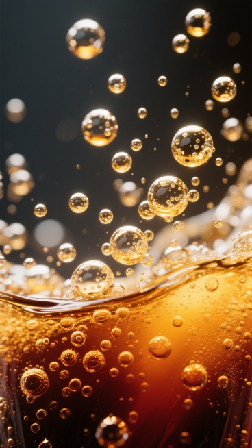 超写实摄影风格，特写镜头捕捉可乐液体中大量晶莹剔透的气泡，从底部的深琥珀色渐变至顶部的金黄色，气泡大小不一、形态各异，有的上升、有的悬浮，表面折射出明亮高光，液体呈现出流动的质感，整体画面充满清凉、活跃的氛围，光影层次丰富，色彩饱和浓郁，细节清晰可见，营造出冰镇可乐特有的清爽视觉效果。预览效果