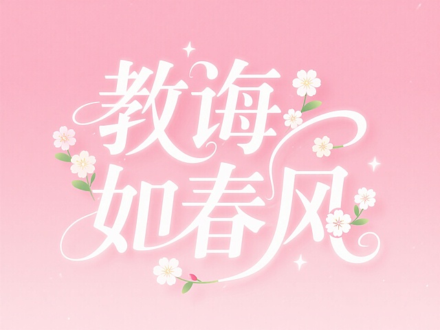 淡粉色背景，白色字‘教诲如春风’，笔画融合花朵装饰元素，艺术感