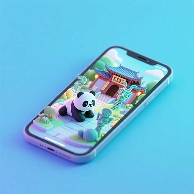 一个手机创意微缩场景，手机平放，侧面对着观众，手机俯视角度，立体的成都景观从屏幕内出来，有熊猫，三星堆，武侯祠，整体色调立体魔幻。青色背景。具有梦幻感,打光营造出柔和氛围强调梦幻和未来感的美学。