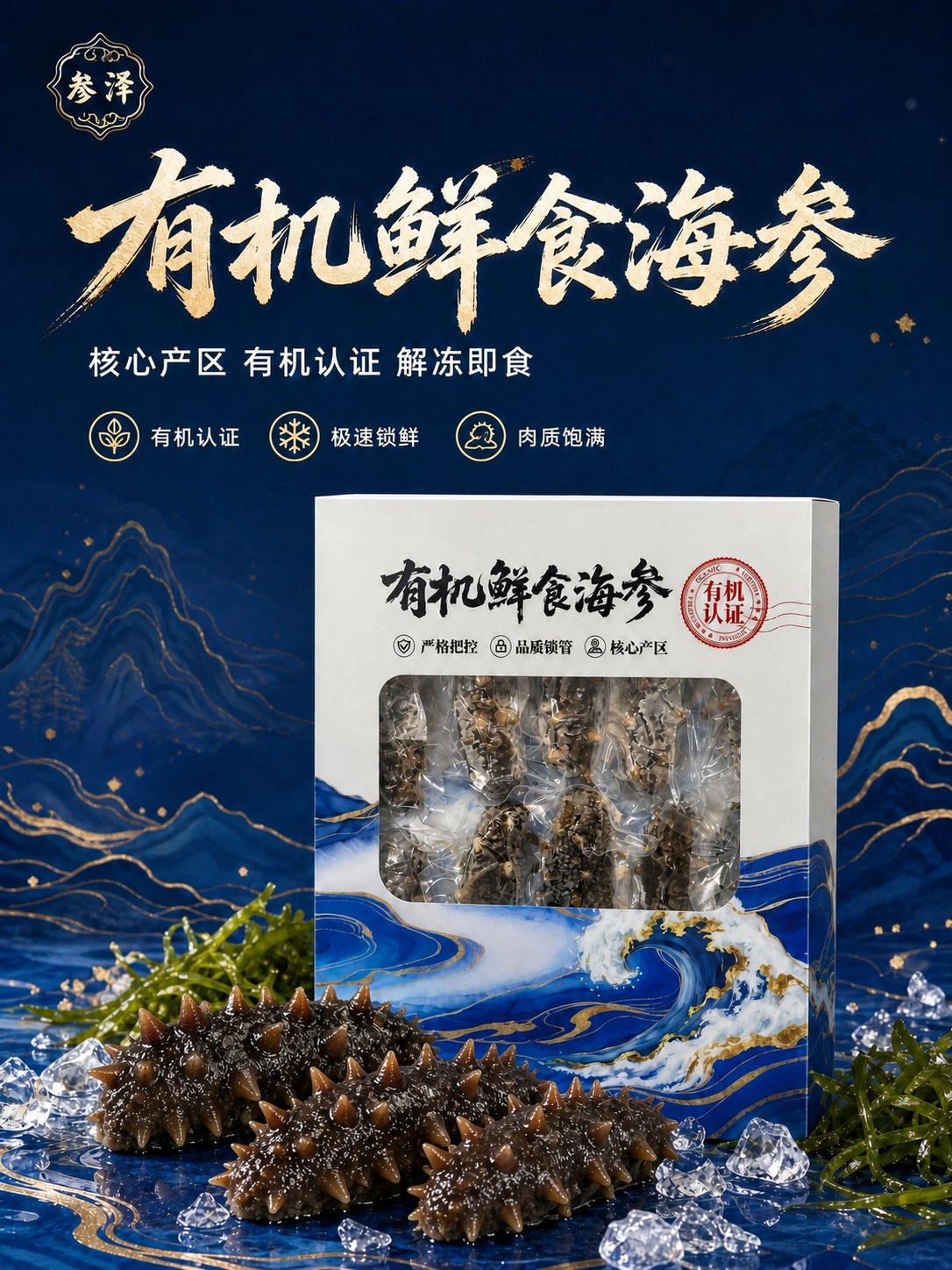 将图中前景冰块上的三只海参以及礼盒开窗内的海参，全部直接用第三… - 图片创意预览