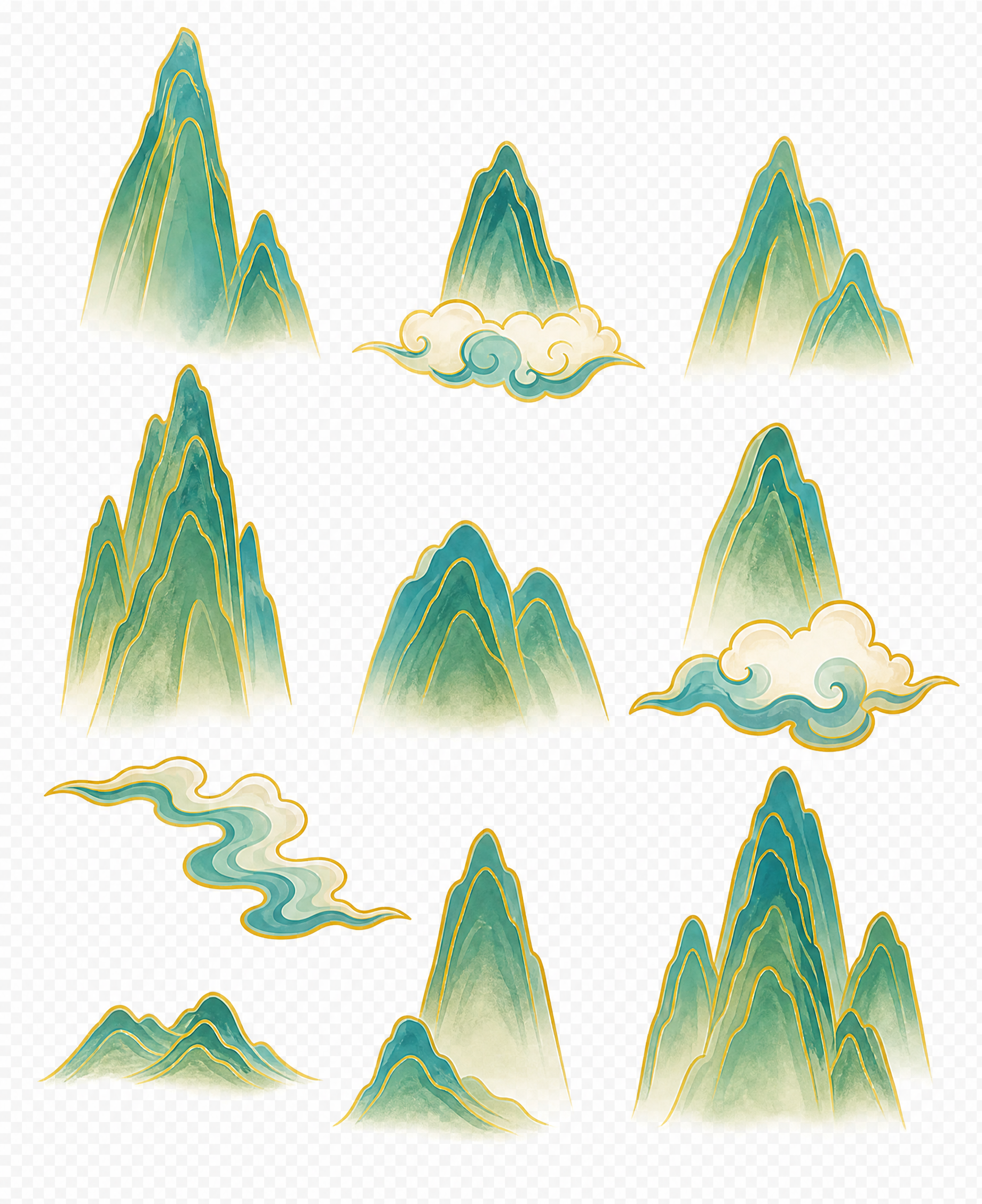 从参考图中提取国潮风格的山峦山峰元素，青绿色渐变带金色描边的中… - 图片创意预览