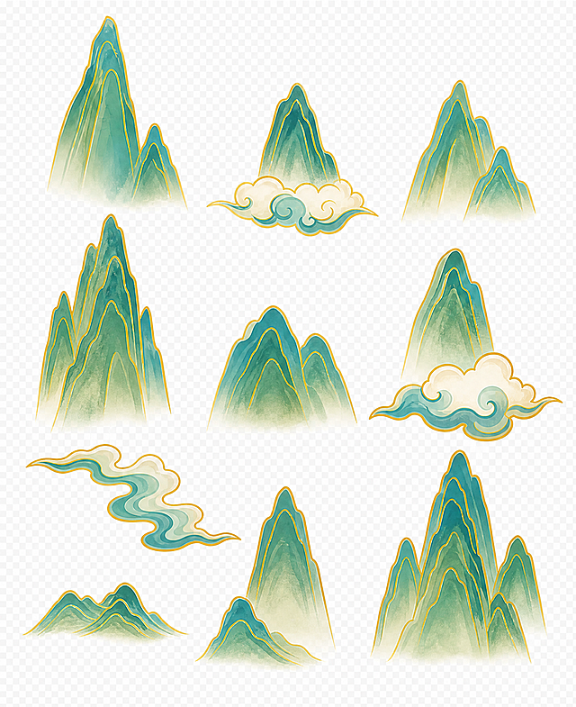 从参考图中提取国潮风格的山峦山峰元素，青绿色渐变带金色描边的中式山水山峰，透明背景，png素材，完整保留原图的绘画风格