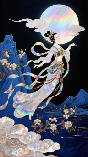 中式风格，嫦娥像敦煌壁画里面的仙女一样飞舞奔向一轮圆月，衣摆飘逸。周围环绕着祥云，背景山脉，山脉种着桂花，蓝黑色底色，非常规的动态构图。画面主体前景皆使用螺钿漆画工艺。背景为大漆工艺预览效果