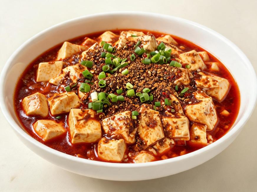 移除图片中的米饭，只保留满碗的麻婆豆腐，保持原来的色香味和摆盘，背景为米白色预览效果