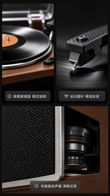 [第6屏] 产品细节特写——唱盘/唱针/扬声器三连微距。[氛围/风格] 科技感产品解析风; 深灰哑光背景（#1E1E1E），突出金属与材质细节，类似Apple产品特写。[元素布局] 本屏整合【图2】【预览效果