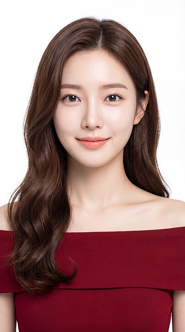 人像摄影，8K超写实商业摄影，一位25岁亚洲韩国女模特，优雅知性的甜美女性，瓜子脸现代精致，轮廓柔美流畅，高挺鼻梁，开扇型双眼皮，无辜大眼睛，极具亲和力，皮肤白皙透亮，韩国偶像气质，唇色为自然的蜜桃粉，增添甜美气息，留着茶棕色韩式时尚中分长微卷发型，头发发根全为茶棕色，发尾带有轻微自然微波浪，左侧发尾自然微波浪优雅地搭在左胸上沿，右侧头发藏于肩身后，层次感与精致感，穿着深红色露肩上衣，韩国偶像气质，干净突出主体，直视镜头，正面半身胸部以上肖像大头照，完全正对镜头，零角度，对称构图，面部五官对称，纯白背景，整体呈现简约高级的商业广告风格，高清质感与细腻光影处理，画面充满优雅与甜美的氛围