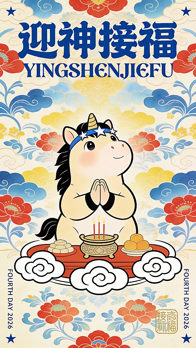 国潮插画风，拟人化小马虔诚拜神，融合传统纹样与卡通元素，喜庆吉祥，传递迎神接福的节日氛围。