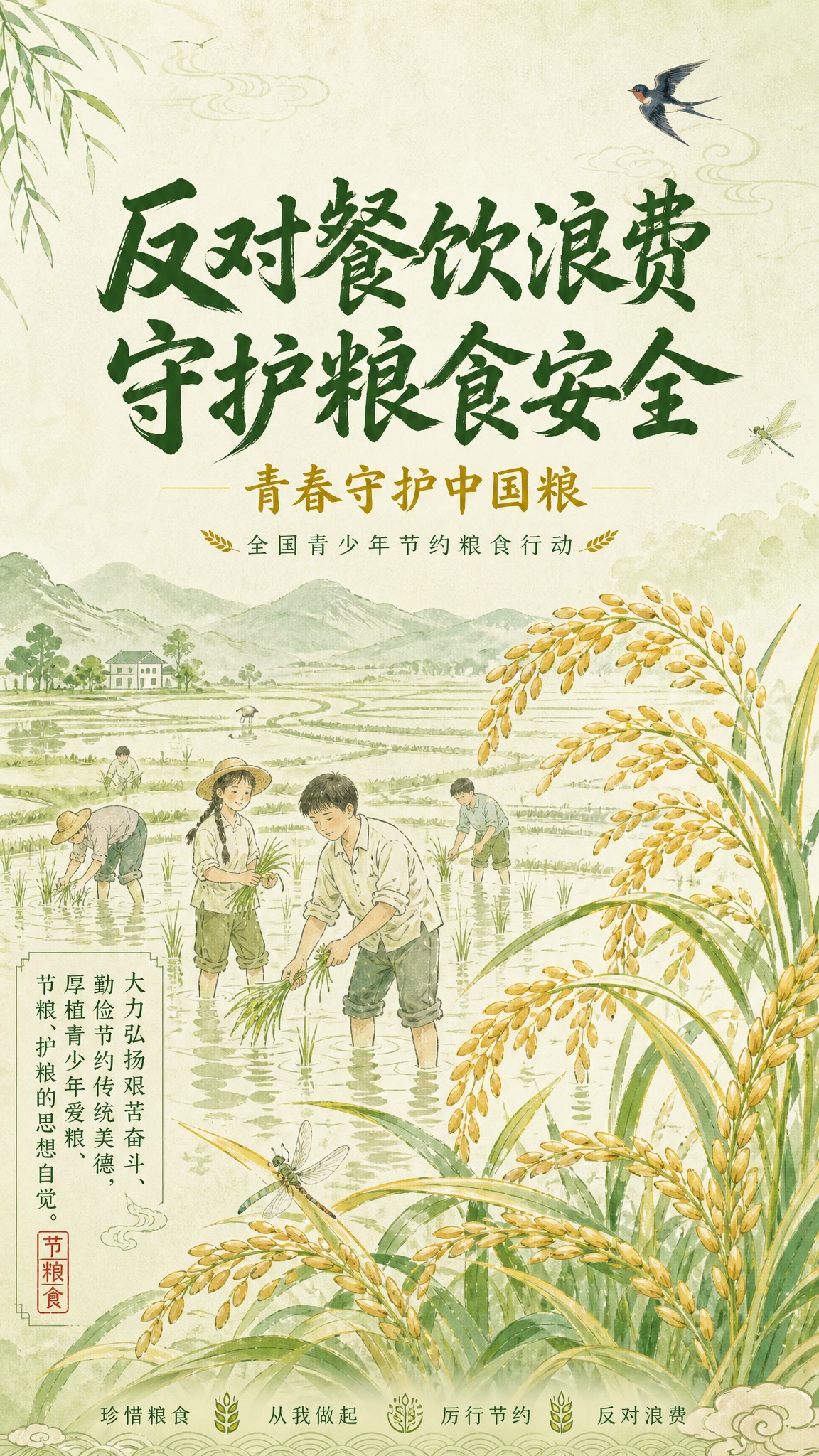国风手绘水彩插画风格的节约粮食主题宣传海报，竖版9:16。整体… - 图片创意预览