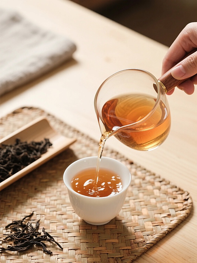 写实风格，特写镜头，明亮自然光从左上方柔和洒落，温暖的浅棕色与木色为主色调，辅以白色瓷器的洁净感，光影层次丰富，高光在透明玻璃公道杯和茶汤表面形成细腻反光，阴影自然过渡。一只手握着带木质手柄的玻璃公道杯，正将琥珀色透亮的茶汤缓缓注入下方白色瓷杯，水流形成优美的弧线，杯内茶汤微微荡漾。竹编茶席上散落着少量深色条索状茶叶，左侧有一个浅色木质茶则，内盛较多茶叶，背景为浅色木质桌面，左上角有一块浅灰色亚麻布自然垂落。整体氛围宁静、雅致、富有生活气息，展现传统茶文化的韵味与质感，构图采用三分法，主体突出，细节清晰，画面具有真实的材质感和温润的光影效果。