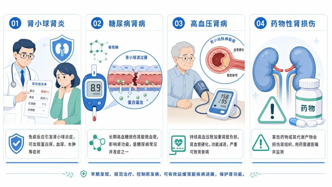 横向图片，医疗扁平化矢量插画，蓝白浅绿主色调，干净简约，医院宣传栏标准版式，白底背景，字体清晰易读，画面布局分横向四个等宽板块，每个板块配有不重复的相应的医疗图标和简要说明。第一个板块：肾小球肾炎，有预览效果