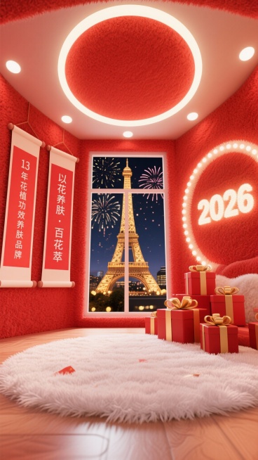 帮我生产类似十张，这是采用Soft3D可爱软萌3D风格打造的室内场景，以低视角仰拍的构图呈现，空间内墙面与天花板均覆盖红色毛绒材质，地面铺着蓬松的白色长毛绒地毯；左侧墙面悬挂两幅红色竖幅卷轴，印有白色预览效果