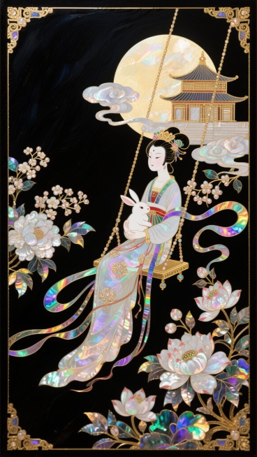 国潮风格，极繁主义，螺钿漆画工艺，黑色大漆底，厚螺钿镶嵌，金色勾边，嫦娥怀抱玉兔坐在桂花秋千上，身后是广寒宫，居住在一轮巨大圆月上，祥云流动，画面布满牡丹、莲花等中国风花卉，背景是深邃的黑色，闪烁着七预览效果