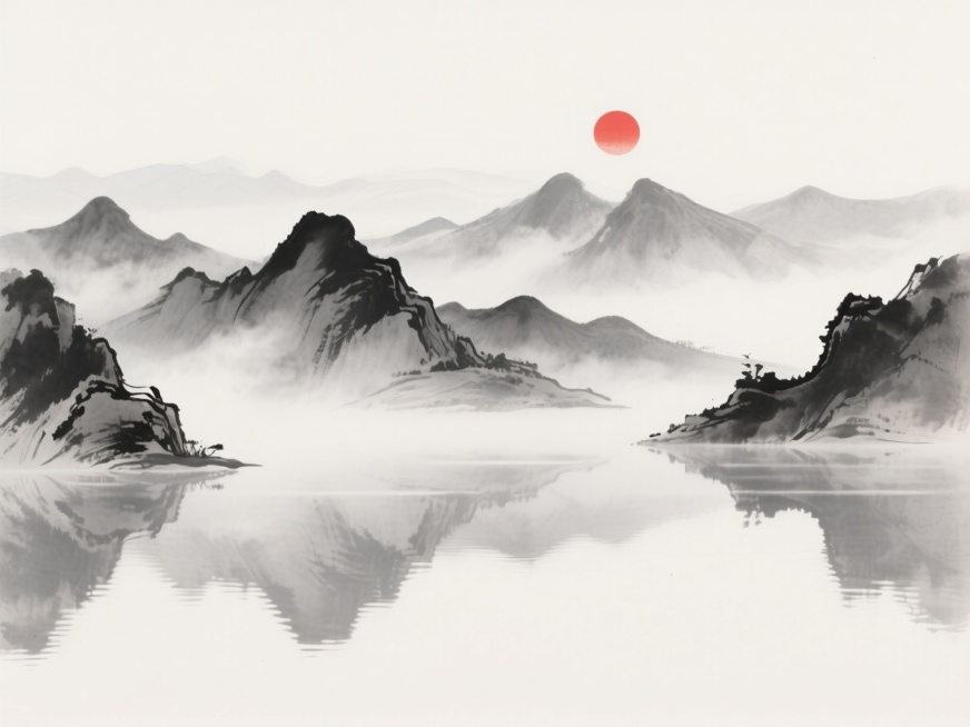 中国水墨画风格，远山层叠，以浓淡墨色勾勒山石轮廓，山间云雾缭绕呈淡灰色晕染效果，红日高悬天际，湖面平静如镜倒映山峦与红日，整体画面留白充足，营造空灵悠远的意境，融入古风山水元素，展现传统水墨的写意韵味与宁静氛围。预览效果