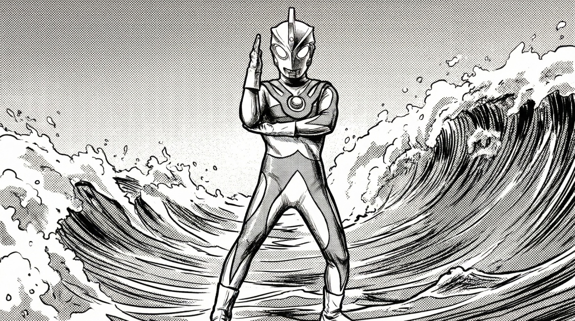 将这张奥特曼图片转换为16:9黑白漫画风格，背景改为海洋海浪场景，保持人物主体造型不变，转换出漫画线条和黑白网点质感预览效果