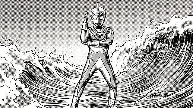 将这张奥特曼图片转换为16:9黑白漫画风格，背景改为海洋海浪场景，保持人物主体造型不变，转换出漫画线条和黑白网点质感