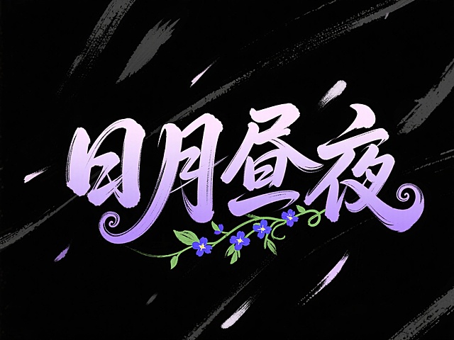 黑色背景，艺术字设计。文字内容为“日月昼夜”，字体为华丽的花体风格，颜色是淡紫色并带有渐变效果，部分笔画有卷曲装饰。文字中间偏下位置有蓝紫色小花及绿色藤蔓装饰。整体营造出梦幻、优雅的氛围。
