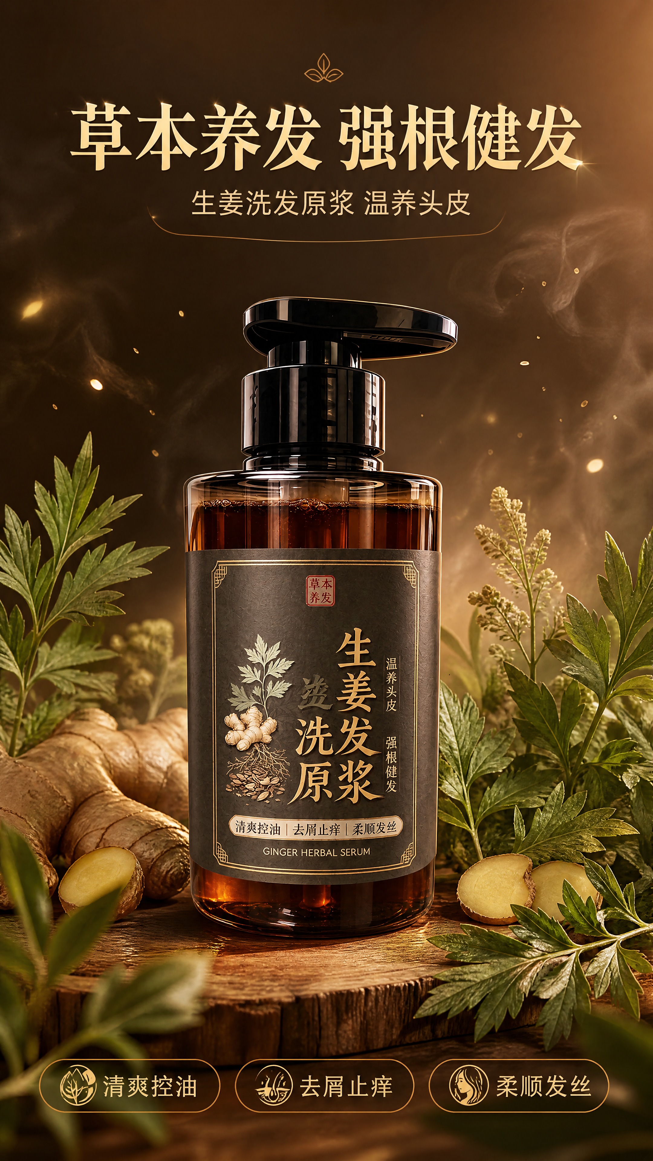 [商品] 使用【图1】生姜洗发原浆产品图；保留深棕透明瓶身、黑… - 图片创意预览