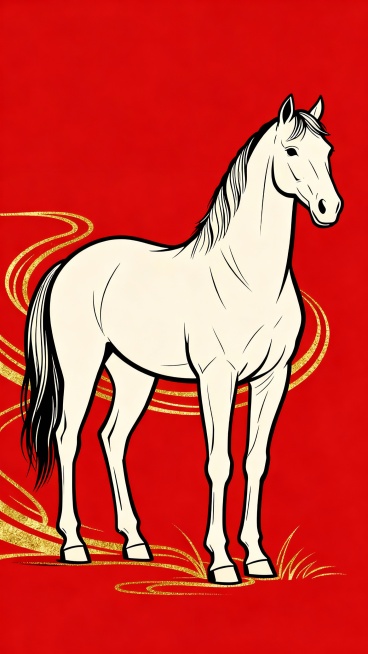 马，全身。纯红色背景，可以适当加入一些装饰元素，不要遮挡主视觉。
竖版图片12张。画面比例9:16。预览效果