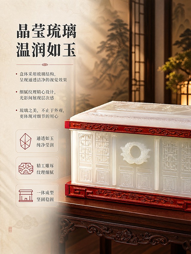 [商品] 使用【图4】【图5】玉安宫琉璃松木骨灰盒；保留白玉琉璃主体、红色松木上下边框、正面花窗纹饰、中央花环浮雕、回纹边框细节；商品处理：保留产品原有结构和材质，增强琉璃的通透感和雕刻纹理的立体感，突出工艺细节。
[画面] 目标：突出琉璃一体成型雕刻工艺，展现通透如玉的质感与细腻纹理。构图：左文右图布局，产品位于画面右侧，占画面约60%，正面微侧角度，重点展示正面琉璃雕刻细节。左侧留白放置文案和工艺示意图标。背景为虚化的新中式空间，暖光从左侧打亮琉璃表面，展现光影变化下的层次感。
[视觉] 套系策略：风格=新中式东方美学商业摄影，庄重典雅纪念感；标题字=宋体衬线粗体，端庄大气；正文字=简洁宋体，温润雅致；主色=米白+暖木棕；背景延展=基于米白暖棕做深浅层级、同色渐变和细腻宣纸/木纹质感；强调色=朱砂红，仅用于小面积分割线、图标和装饰元素；标题色=深炭灰近黑；正文色=中暖灰；组件=细线分割、圆角浅底信息卡、传统纹样装饰边；光影=左前侧暖柔光，柔和侧逆光勾勒琉璃通透边缘。
[文字] 左侧上方主标题"晶莹琉璃 · 温润如玉"，下方分点文案："盒体采用琉璃结构，呈现通透洁净的视觉效果"、"细腻纹理精心设计，光影间展现层次感"、"琉璃之美，不止于外观，更体现对细节的用心"；文字横排，不遮挡产品主体。
[规格] 图片比例3:4竖版，4K分辨率，避免变形、错字、文字过小、冷蓝/蓝灰背景、产品颜色改变、结构失真。