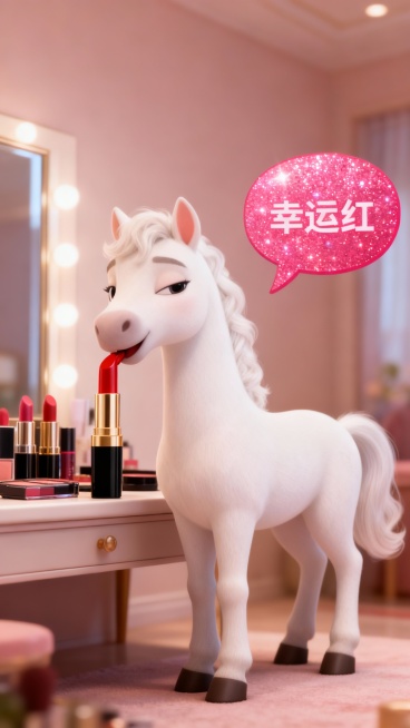 一匹可爱、优雅的卡通白色小马，侧身，眨眼。它轻轻地把一支奢华的金管口红含在嘴里。形成一个闪亮的粉红色演讲气泡，其中包含文本“幸运红”。梳妆台上摆放口红产品图，着柔和温暖的工作室灯光和其他化妆品。柔和的预览效果