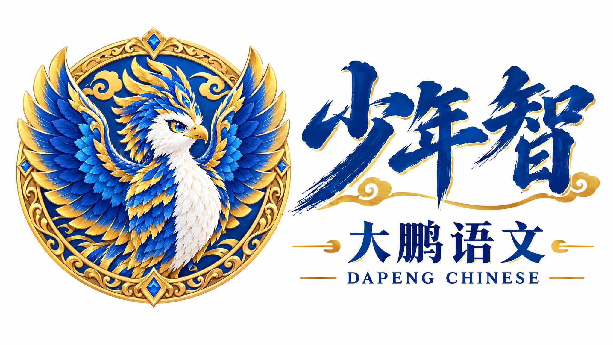 少年智大鹏语文品牌logo设计，以参考图中的蓝金大鹏徽章为主体… - 图片创意预览