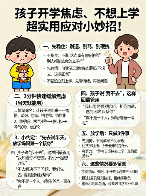 童趣风格科普海报，背景为柔和浅米色，画面添加两个童趣素材：一个是抱着玩偶皱眉头的卡通小朋友（放置在海报左侧空白处），一个是比着加油手势的卡通家长（放置在海报右侧空白处）。所有文字内容分板块清晰呈现，确预览效果