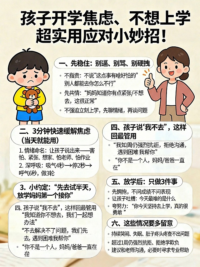 童趣风格科普海报，背景为柔和浅米色，画面添加两个童趣素材：一个是抱着玩偶皱眉头的卡通小朋友（放置在海报左侧空白处），一个是比着加油手势的卡通家长（放置在海报右侧空白处）。所有文字内容分板块清晰呈现，确保无图案遮挡文字：标题“孩子开学焦虑、不想上学  超实用应对小妙招 !”，下方依次是“一、先稳住：别逼、别骂、别硬拽 - 不指责：不说‘这点事有啥好怕的’‘别人都能去你怎么不行’- 先共情：‘妈妈知道你有点紧张/不想去，这很正常’- 不强迫立刻上学，先聊情绪，再谈问题 二、3分钟快速缓解焦虑（当天就能用） 1. 情绪命名：让孩子说出来——害怕、紧张、想家、怕老师、怕作业2. 深呼吸：吸气4秒→停2秒→呼气6秒，做3轮3. 小约定：‘先去试半天，放学妈妈第一个接你’  四、孩子说‘我不去’，这样回最管用 - ‘我知道你不想去，我们一起想想办法’- ‘不去解决不了问题，我们先去，遇到困难我帮你’- ‘你不是一个人，妈妈/爸爸一直在’ 五、放学后：只做3件事 - 先拥抱，不问成绩不问表现- 让孩子吐槽：今天最难的是什么- 夸努力：‘你今天坚持去上学，真的很勇敢’ 六、这些情况要多留意 - 持续哭闹、失眠、肚子疼头疼查不出问题- 超过1周仍强烈抗拒、拒绝沟通- 明显自卑、怕老师、被同学欺负建议和老师沟通，必要时寻求专业帮助