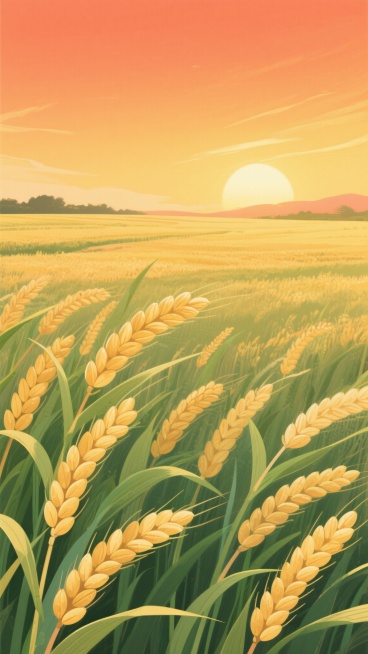 中国风插画风格，金色麦穗田野在夕阳下随风摇曳，饱满的麦穗颗粒分明，绿色麦秆挺拔有力，画面下方三分之二是一望无际的田野，上方三分之一是渐变的橙黄色天空与落日余晖，营造温暖喜悦的丰收氛围，留白占比35%，整体色调以金黄、橙红、翠绿为主，线条流畅，色彩明快，传递出对生活满足的幸福感。预览效果
