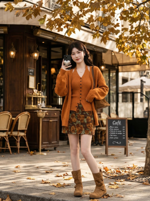 保留这套焦糖色系秋日穿搭：暖橘色针织开衫+挂脖针织吊带+玫瑰碎花短半身裙+棕色短靴，着重放大凸显服饰细节，午后两点暖金色斜阳光斑，街角复古咖啡馆露台梧桐落叶背景，慵懒松弛氛围感，适合抖音带货预览效果