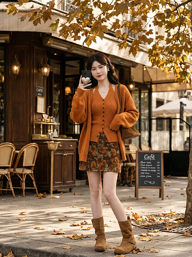 保留这套焦糖色系秋日穿搭：暖橘色针织开衫+挂脖针织吊带+玫瑰碎花短半身裙+棕色短靴，着重放大凸显服饰细节，午后两点暖金色斜阳光斑，街角复古咖啡馆露台梧桐落叶背景，慵懒松弛氛围感，适合抖音带货