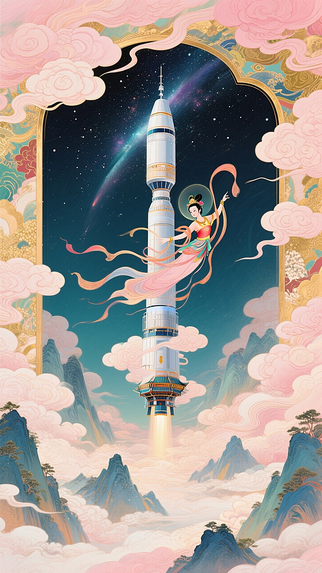 太空空间站居画面中心垂直向上为核心焦点，嫦娥环绕空间站，披帛环绕空间站飘逸展开，背景下方山峦、上方星空，空间延伸，画面淡粉金色调，梦幻色彩和光影变化，具有丰富的层次感和立体感