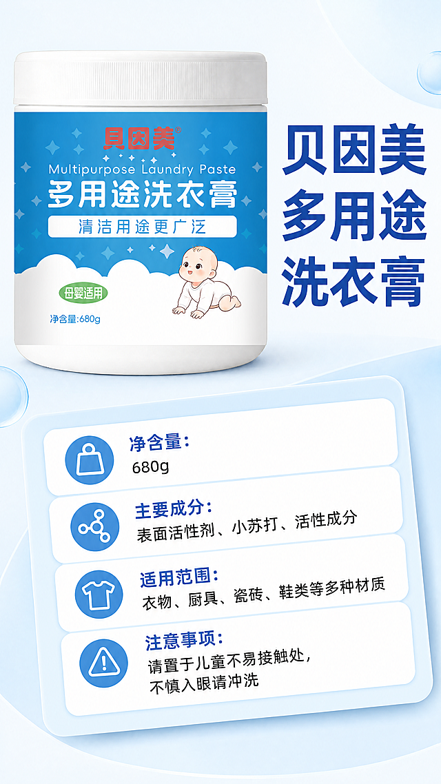 [第8屏] 产品信息-贝因美多用途洗衣膏规格参数与注意事项页。
[氛围/风格] 清晰规整，简洁专业，浅蓝干净背景，信息排版清晰易读。
[元素布局] 本屏使用【图2】作为商品主体。产品放在画面左上区域，占据约一半大小，保持产品包装外观文字颜色和输入图一致。右下区域为产品信息卡片，展示名称、规格、主要成分、适用范围、注意事项信息。
[光影质感] 均匀柔和光线，产品和信息都清晰展示，层次分明，阴影柔和。
[配色色系] 全局底色#F8FCFF，信息卡片浅蓝色背景白色文字块，主标题深蓝色，参数文字黑色，产品保持原包装配色。
[视角构图] 左上产品，右下信息，斜向排版，整体留白合理，不拥挤，阅读清晰。
[文字版式] 产品右侧顶部产品名称“贝因美多用途洗衣膏”加粗深蓝色。信息卡片分条展示“净含量：680g”“主要成分：表面活性剂、小苏打、活性成分”“适用范围：衣物、厨具、瓷砖、鞋类等多种材质”“注意事项：请置于儿童不易接触处，不慎入眼请冲洗”，文字清晰，行间距合适，适合手机阅读，字号不小于14号。
[比例分辨率] 9:16竖版比例，4K分辨率，文字清晰可辨，超高清。
[负向提示词] 产品变形，包装文字错乱，信息排版混乱，文字模糊，颜色偏差，水印。