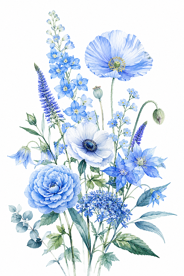 竖幅构图插画风格花卉图，白色背景，多种蓝色系花朵向上生长，花类丰富有主次，花朵不密集，花瓣清晰细致，颜色清新协调，简约美丽，花朵清晰不断裂，大画幅高清，水彩插画风格