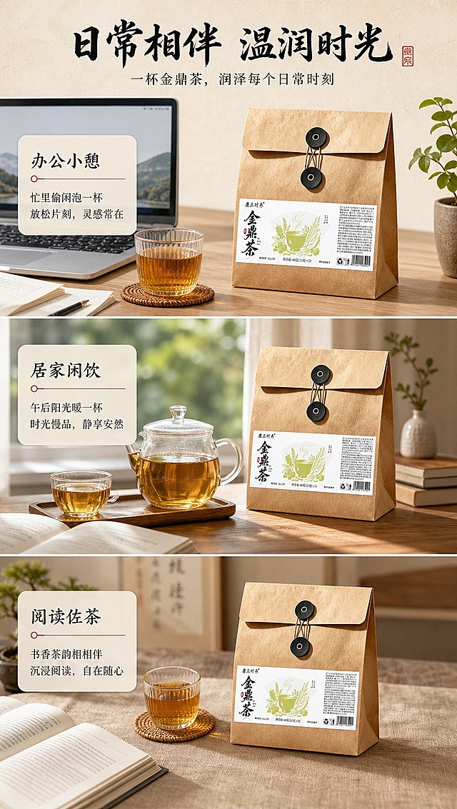 [商品] 使用【图1】康正时养金鼎茶牛皮纸信封式外袋包装；保留包装外观、颜色和标签版式；产品在每个场景中自然出现，占画面适中比例，确保包装清晰可识别。
[画面] 目标：多场景种草，展示日常饮用的多种生活场景。构图：竖拼多段型，分上中下三段场景竖拼：上段=办公桌面场景（笔记本电脑旁放产品与一杯茶），中段=居家午后场景（窗边书桌/茶几上的产品与茶具），下段=休闲阅读场景（书本旁的产品与茶杯）；每段之间用细线条或留白分隔；整体≥3层视觉层次。
[视觉] 套系策略：风格=东方草本新中式商业摄影；标题字=书法宋体/国风手写体；正文字=现代简洁宋体；主色=牛皮纸暖棕+草木橄榄绿；背景延展=基于浅米杏色做宣纸纹理、同色渐变和温润光影层次；强调色=朱砂红，仅用于小面积印章、图标和引线；标题色=深墨黑；正文色=暖棕灰；组件=细线引线、圆角米白信息卡、印章式标签；光影=各段均为暖调自然光，柔和舒适。
[文字] 顶部主标题「日常相伴 温润时光」，每段场景旁配短句标签：「办公小憩」「居家闲饮」「阅读佐茶」；文字全部横排，字号保证手机端清晰可读。
[规格] 图片比例9:16竖版，4K分辨率，负向提示：避免功效词、医疗暗示、内袋、文字竖排、错字、文字过小、冷蓝背景、包装变形、绝对化用语。