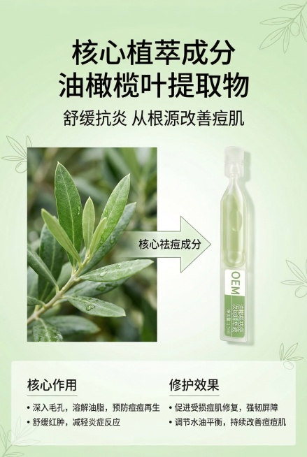 核心成分解析海报，严格还原油橄榄植萃祛痘次抛精华液产品细节，主标题“核心植萃成分 油橄榄叶提取物”，副标题“舒缓抗炎 从根源改善痘肌”，左侧为高清油橄榄叶摄影图，右侧为单支次抛精华瓶，中间用箭头连接标预览效果
