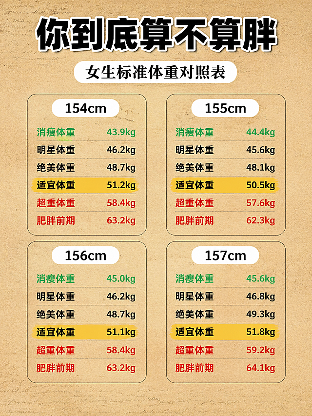 小红书减脂科普内页，信息图，复古牛皮纸风格，版式精美，小红书笔记内页质感，信息层级清晰。画面比例3:4竖版，四周留8%安全边距。

背景：牛皮纸纹理背景，偏黄棕色#D4B896，表面有不规则手写文字暗纹和纸张纤维纹理，质感类似复古羊皮纸，纹理细腻均匀无渐变。

文字层级（逐字锁定，不得增删改字）：
1. 画面顶部居中主标题：「你到底算不算胖」，白色字+3px黑色外描边，仓耳丰黑超粗黑体，字号占画面宽度约75%，字形饱满有力。
2. 主标题下方一个白色#FFFFFF圆角胶囊标签，胶囊内思源粗宋粗体黑色字：「女生标准体重对照表」，胶囊水平居中。
3. 中部左右等分为两栏，每栏2个身高卡片纵向排列，卡片之间留宽松间距；所有卡片等大等距，左右两栏水平基线对齐。

每个身高卡片结构：顶部一个白色#FFFFFF圆角胶囊内思源粗宋粗体黑色字显示身高，下方6行体重档位纵向均匀排列，每行左侧档位名、右侧数值，档位颜色规则：
- 「消瘦体重」用翠绿色#2ECC71粗体
- 「明星体重」「绝美体重」用黑色粗体
- 「适宜体重」用芥末黄色#E8C84A荧光笔色块高亮+黑色粗体
- 「超重体重」「肥胖前期」用朱红色#E05A47粗体

左栏卡片：
第一卡（身高154cm）：
消瘦体重 43.9kg
明星体重 46.2kg
绝美体重 48.7kg
适宜体重 51.2kg
超重体重 58.4kg
肥胖前期 63.2kg

第二卡（身高156cm）：
消瘦体重 45.0kg
明星体重 46.2kg
绝美体重 48.7kg
适宜体重 51.1kg
超重体重 58.4kg
肥胖前期 63.2kg

右栏卡片：
第一卡（身高155cm）：
消瘦体重 44.4kg
明星体重 45.6kg
绝美体重 48.1kg
适宜体重 50.5kg
超重体重 57.6kg
肥胖前期 62.3kg

第二卡（身高157cm）：
消瘦体重 45.6kg
明星体重 46.8kg
绝美体重 49.3kg
适宜体重 51.8kg
超重体重 59.2kg
肥胖前期 64.1kg

整体氛围：减脂科普、复古牛皮纸质感、数据表格清晰、排版工整对齐。画质：高清细腻，4K分辨率，文字清晰无锯齿，无二维码、无logo、无水印、无品牌名、无假英文、无乱码，所有文字精准无错字，引号内文字原样呈现。