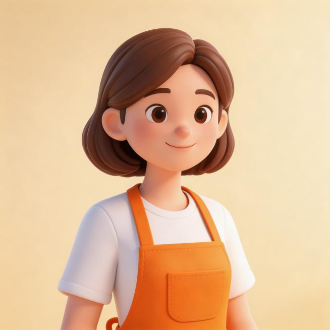 女性家政人员默认头像，3D卡通风格，干净简约，暖色调，穿着橙色围裙白色短袖，家政工作人员形象，参考参考图的立体卡通风格预览效果