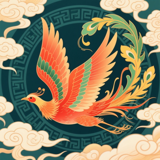 一只展翅飞翔的凤凰，主体采用橙红色渐变，羽毛层次分明，尾羽飘逸，带有绿色和黄色的装饰，周围环绕着传统云纹图案，整体呈现出浓厚的国潮风格，线条流畅优美，色彩鲜艳明快，充满动感和吉祥寓意。预览效果
